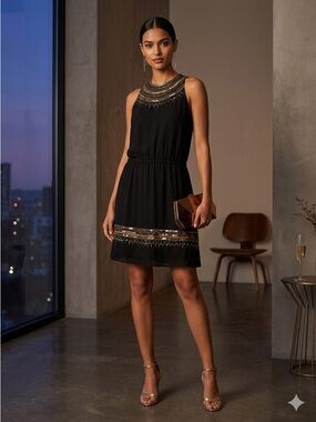 Parker Black Silk Gold Sequin Embellished Mini Dress - Small